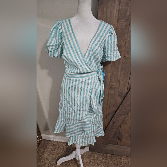 DRAPER JAMES Linen Blend Puff Sleeve Wrap Dress In Blue/white Striped.Size S NWT - Picture 7 of 15
